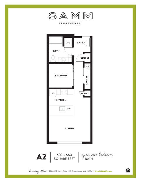 Floor plan for 1 bed, 1 bath, 663 sqft